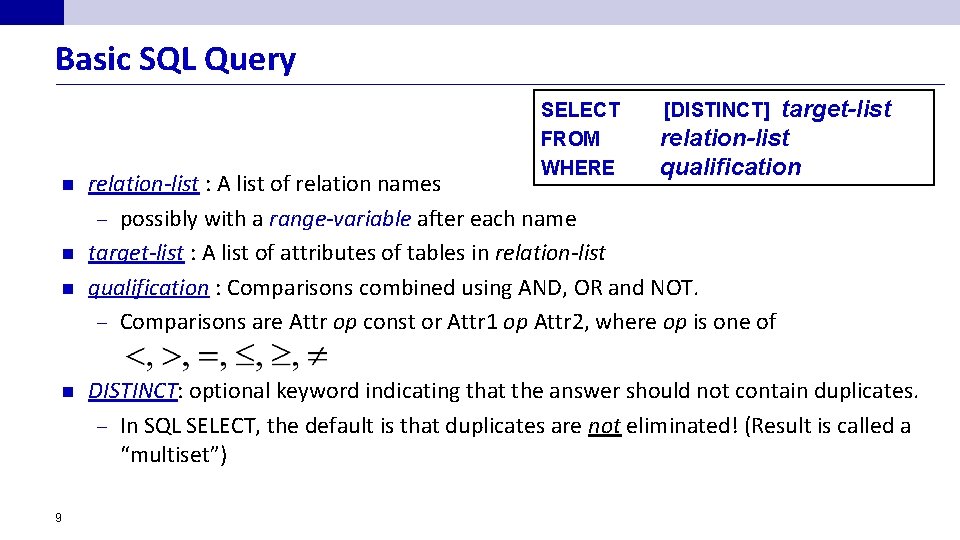 Basic SQL Query n n 9 SELECT FROM WHERE target-list relation-list qualification [DISTINCT] relation-list
