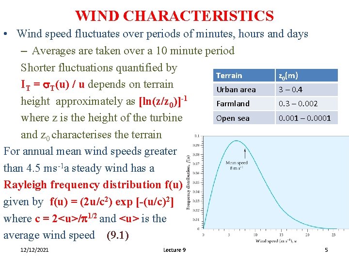 WIND CHARACTERISTICS • Wind speed fluctuates over periods of minutes, hours and days –