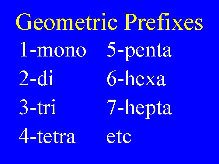 Geometric Prefixes 1 -mono 2 -di 3 -tri 4 -tetra 5 -penta 6 -hexa