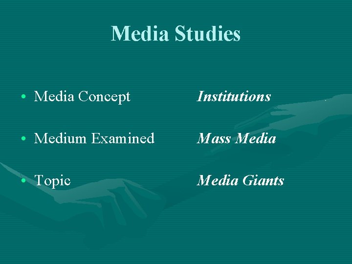 Media Studies • Media Concept Institutions • Medium Examined Mass Media • Topic Media