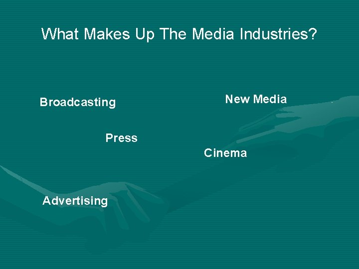 What Makes Up The Media Industries? Broadcasting New Media Press Cinema Advertising 
