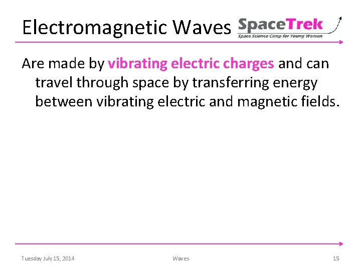 Electromagnetic Waves Are made by vibrating electric charges and can travel through space by