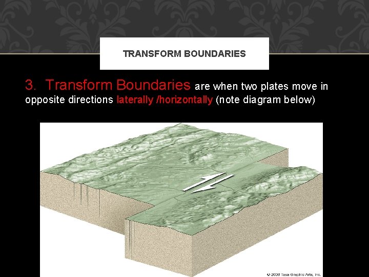 TRANSFORM BOUNDARIES 3. Transform Boundaries are when two plates move in opposite directions laterally