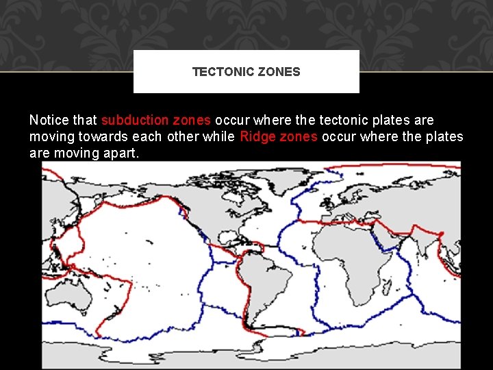 TECTONIC ZONES Notice that subduction zones occur where the tectonic plates are moving towards