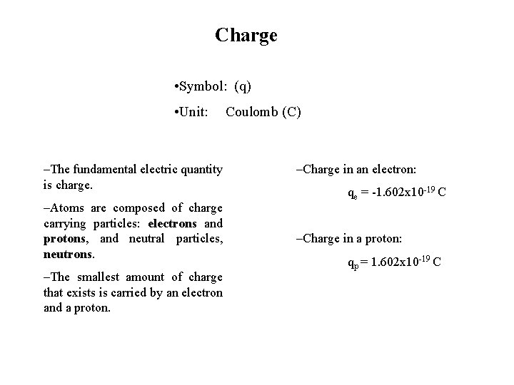 Charge • Symbol: (q) • Unit: –The fundamental electric quantity is charge. –Atoms are