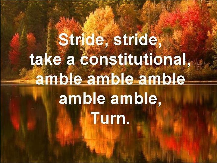 Stride, stride, take a constitutional, amble amble, Turn. 