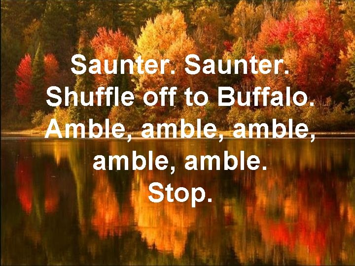 Saunter. Shuffle off to Buffalo. Amble, amble, amble. Stop. 