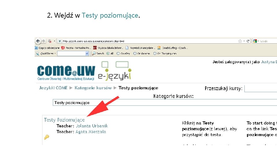 2. Wejdź w Testy poziomujące. 