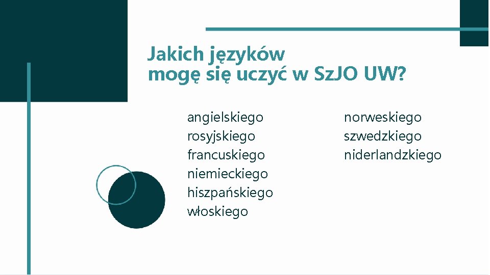 Jakich języków mogę się uczyć w Sz. JO UW? angielskiego rosyjskiego francuskiego niemieckiego hiszpańskiego