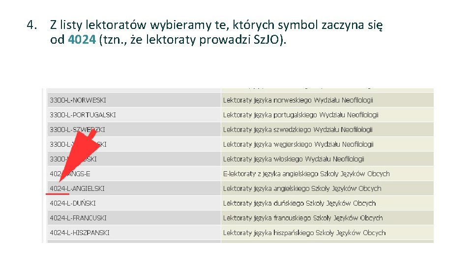 4. Z listy lektoratów wybieramy te, których symbol zaczyna się od 4024 (tzn. ,