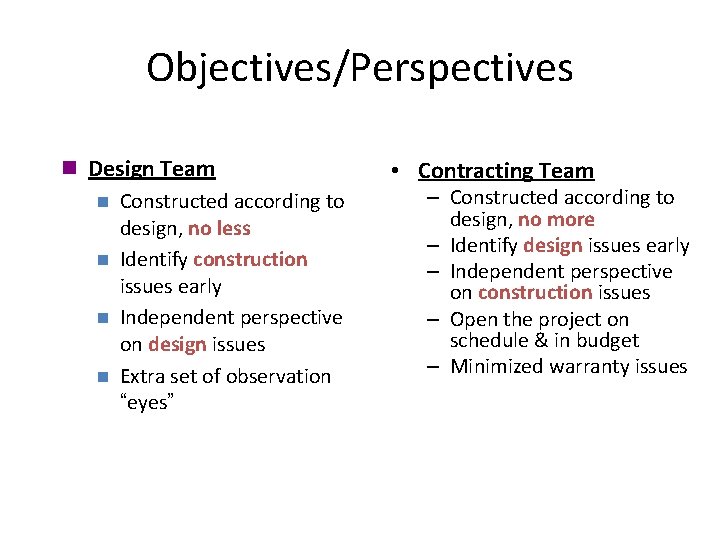 Objectives/Perspectives n Design Team n Constructed according to design, no less n Identify construction Objectives/Perspectives n Design Team n Constructed according to design, no less n Identify construction