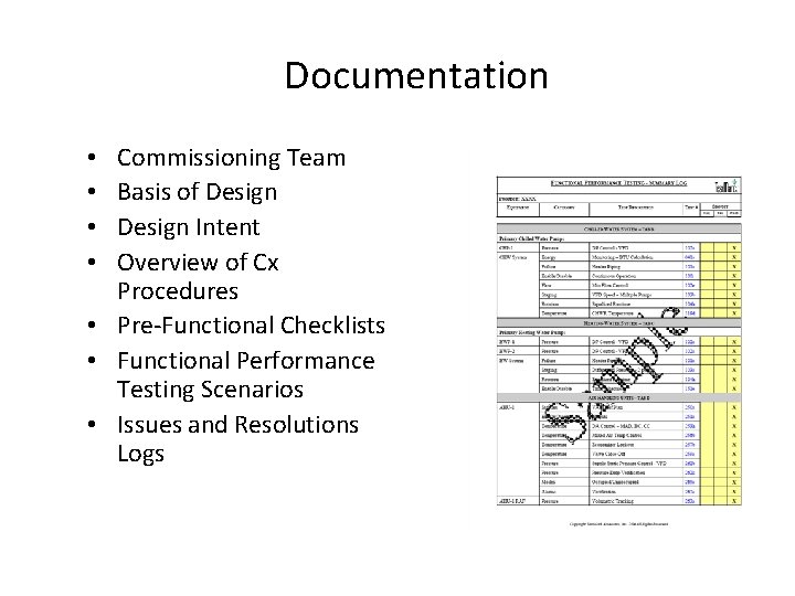 Documentation Commissioning Team Basis of Design Intent Overview of Cx Procedures • Pre-Functional Checklists Documentation Commissioning Team Basis of Design Intent Overview of Cx Procedures • Pre-Functional Checklists