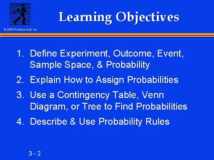 Learning Objectives © 2000 Prentice-Hall, Inc. 1. Define Experiment, Outcome, Event, Sample Space, &