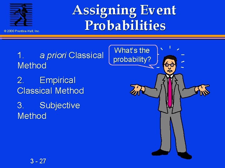 © 2000 Prentice-Hall, Inc. Assigning Event Probabilities 1. a priori Classical Method 2. Empirical