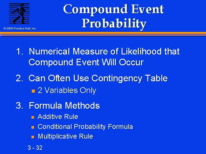 Compound Event Probability © 2000 Prentice-Hall, Inc. 1. Numerical Measure of Likelihood that Compound
