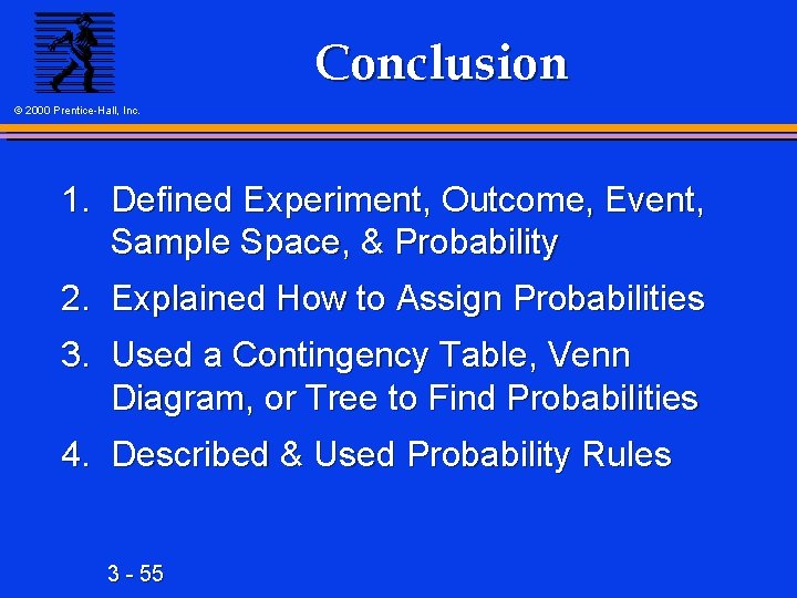 Conclusion © 2000 Prentice-Hall, Inc. 1. Defined Experiment, Outcome, Event, Sample Space, & Probability