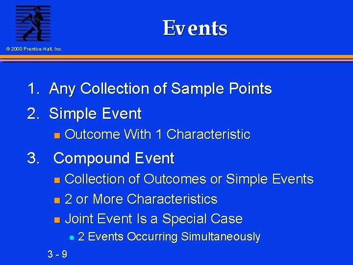Events © 2000 Prentice-Hall, Inc. 1. Any Collection of Sample Points 2. Simple Event