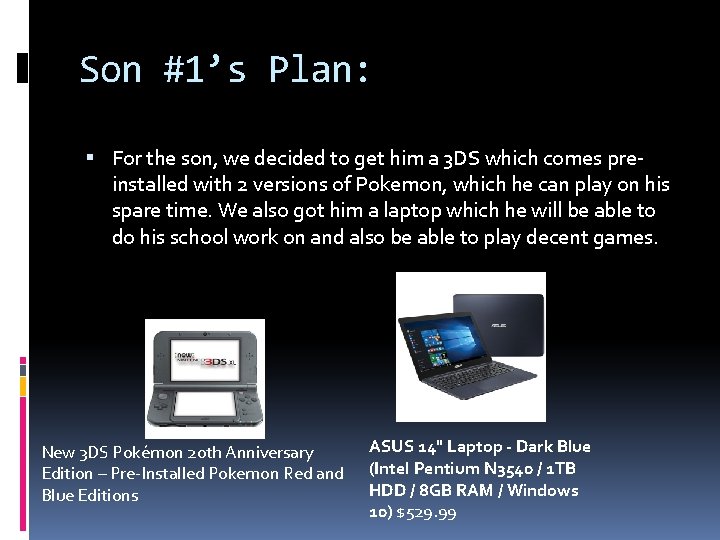 Son #1’s Plan: For the son, we decided to get him a 3 DS