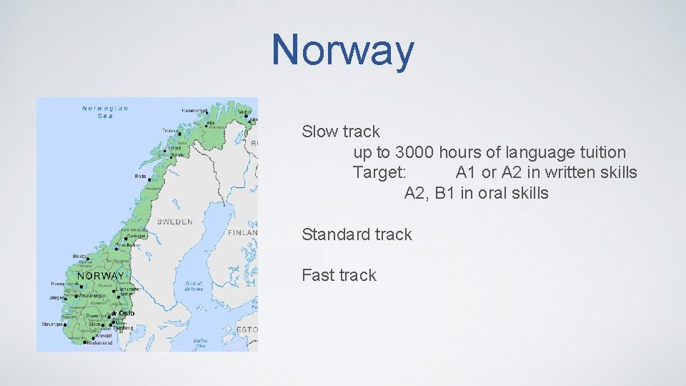 Norway Slow track up to 3000 hours of language tuition Target: A 1 or