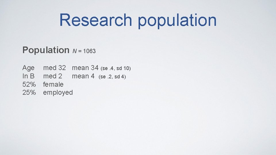Research population Population N = 1063 Age In B 52% 25% med 32 mean