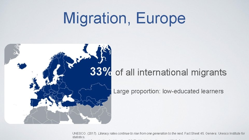 Migration, Europe 33% of all international migrants Large proportion: low-educated learners UNESCO. (2017). Literacy