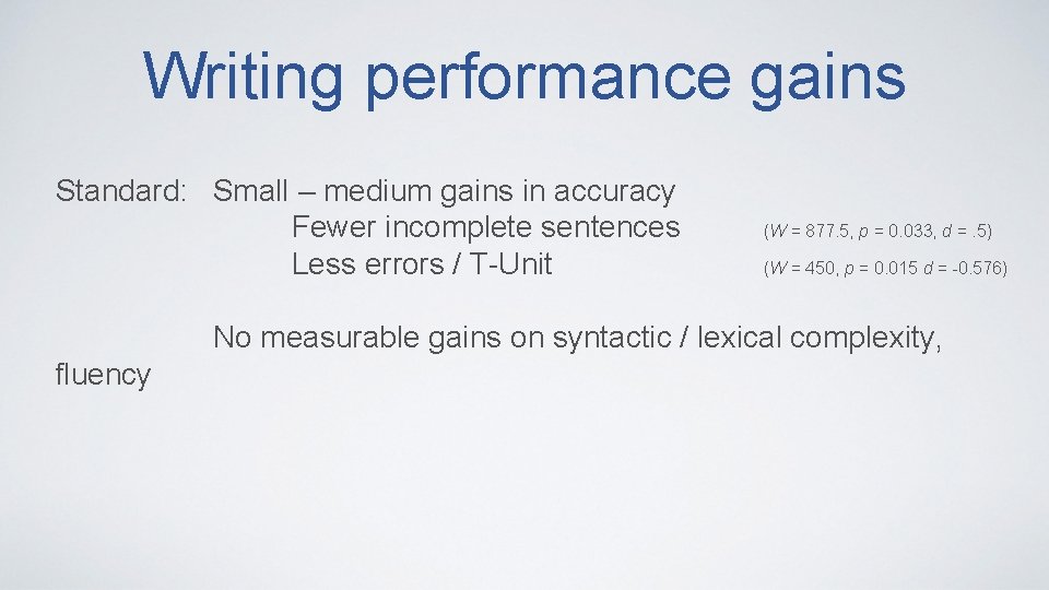 Writing performance gains Standard: Small – medium gains in accuracy Fewer incomplete sentences Less