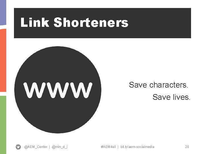 Link Shorteners Save characters. Save lives. @AEM_Center | @min_d_j #AEM 4 all | bit.
