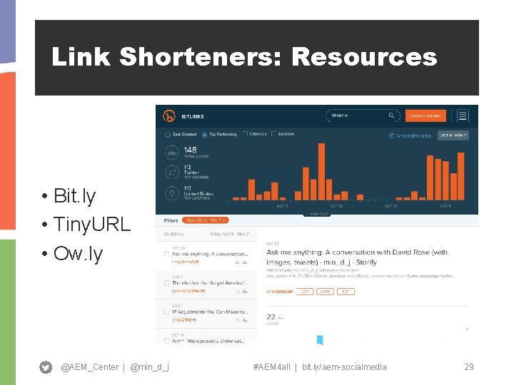 Link Shorteners: Resources • Bit. ly • Tiny. URL • Ow. ly @AEM_Center |