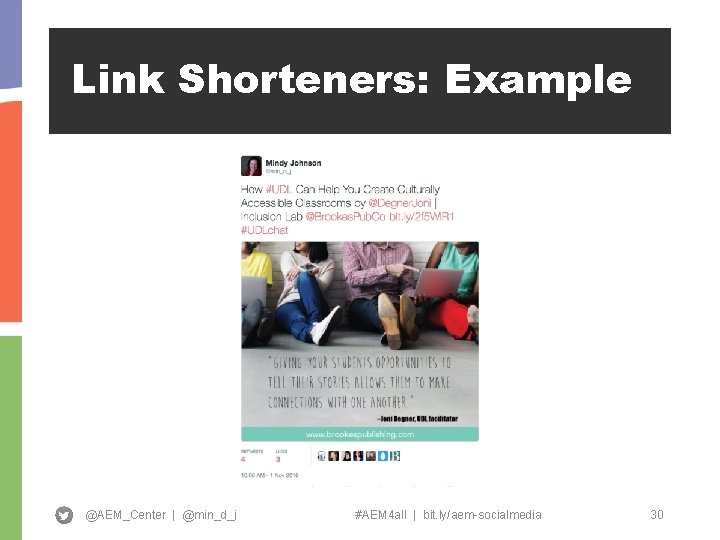 Link Shorteners: Example @AEM_Center | @min_d_j #AEM 4 all | bit. ly/aem-socialmedia 30 