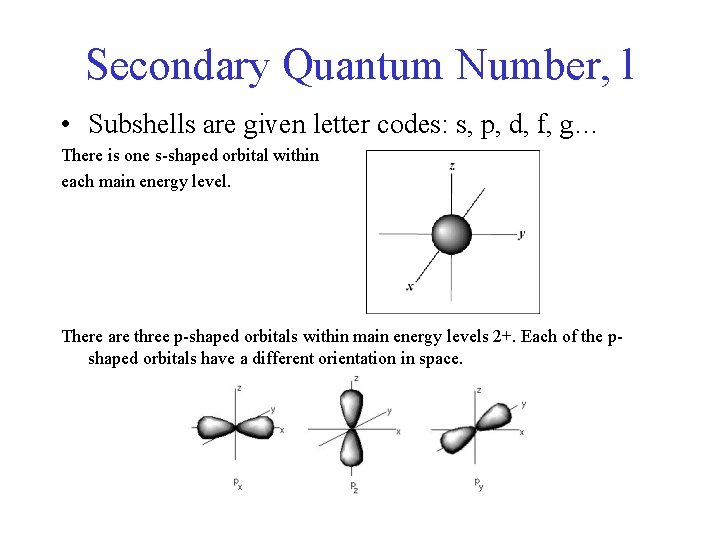 Secondary Quantum Number, l • Subshells are given letter codes: s, p, d, f,