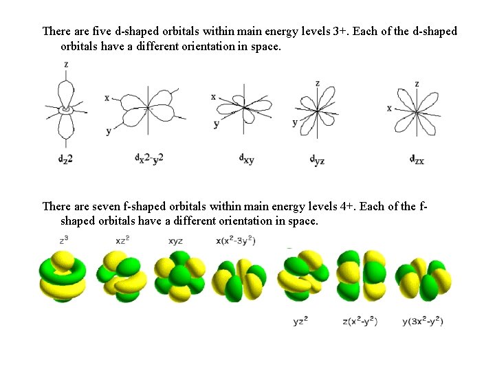 There are five d-shaped orbitals within main energy levels 3+. Each of the d-shaped