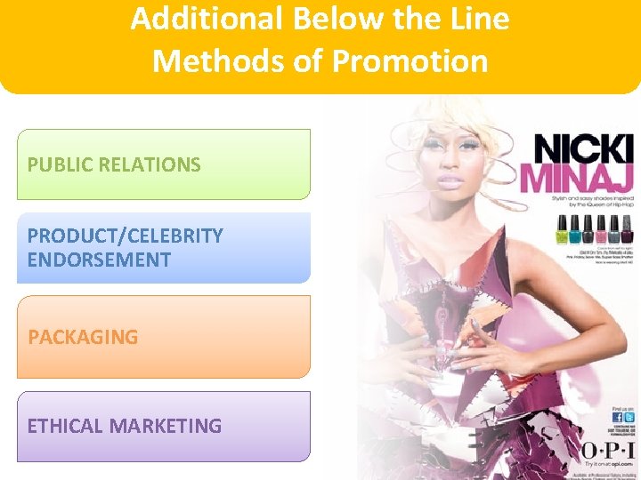 Additional Below the Line Methods of Promotion PUBLIC RELATIONS PRODUCT/CELEBRITY ENDORSEMENT PACKAGING ETHICAL MARKETING