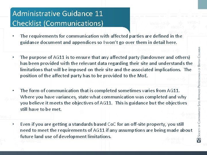 Administrative Guidance 11 Checklist (Communications) • The requirements for communication with affected parties are