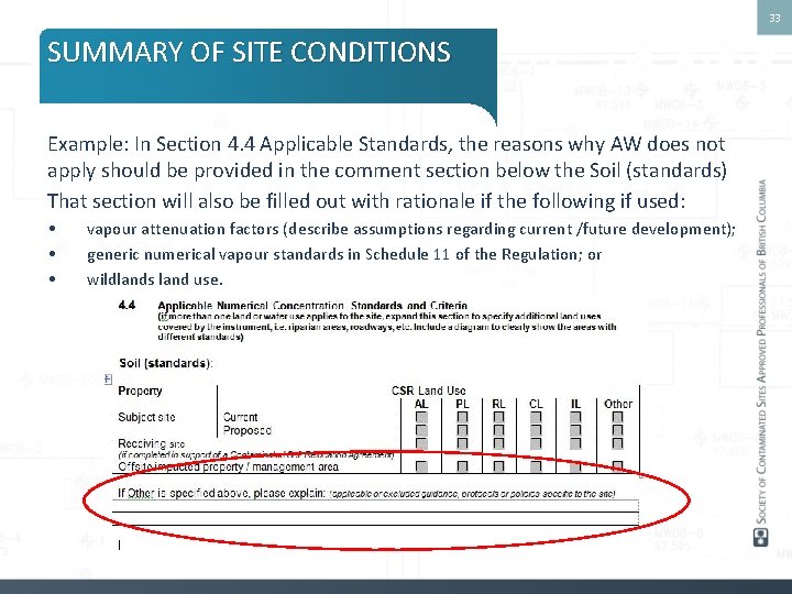 33 SUMMARY OF SITE CONDITIONS Example: In Section 4. 4 Applicable Standards, the reasons