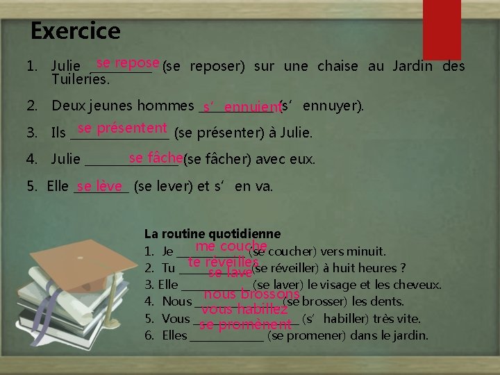 Exercice se repose (se reposer) sur une chaise au Jardin des 1. Julie _____