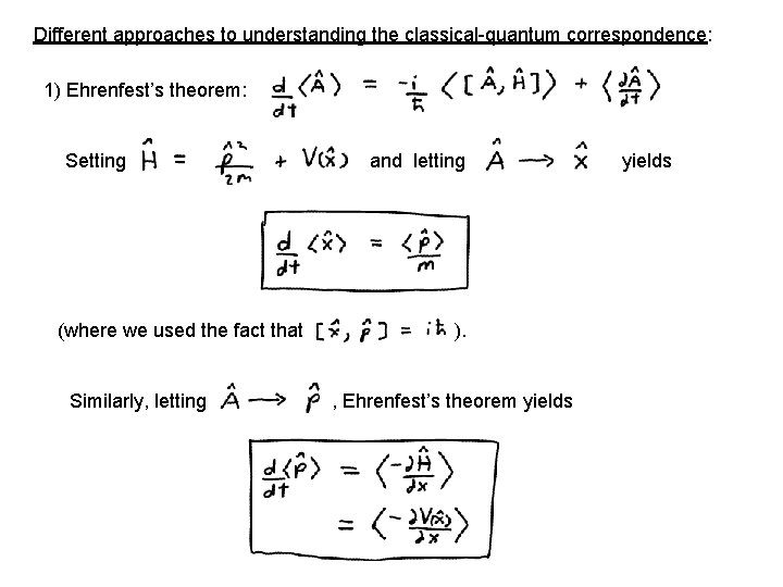 Different approaches to understanding the classical-quantum correspondence: 1) Ehrenfest’s theorem: Setting (where we used