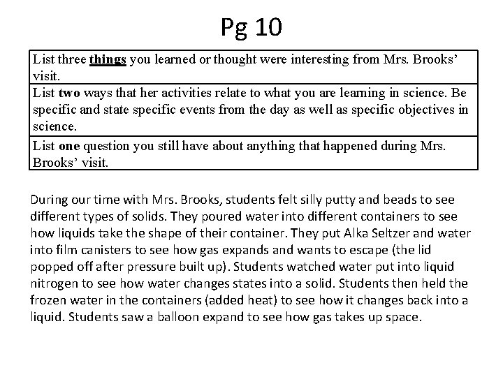 Pg 10 List three things you learned or thought were interesting from Mrs. Brooks’