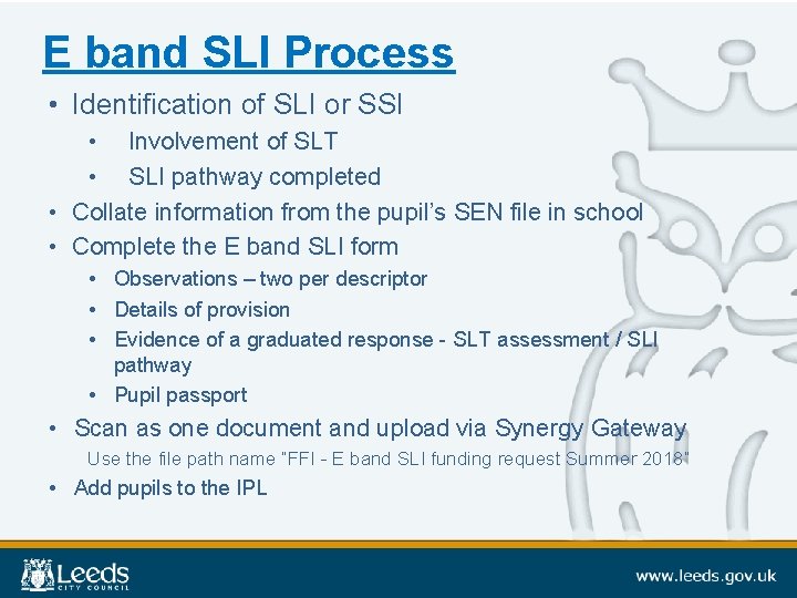 E band SLI Process • Identification of SLI or SSI • Involvement of SLT