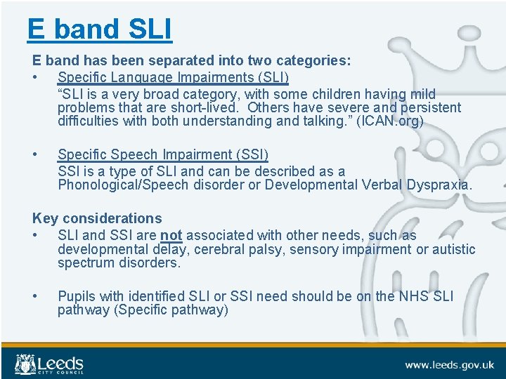 E band SLI E band has been separated into two categories: • Specific Language