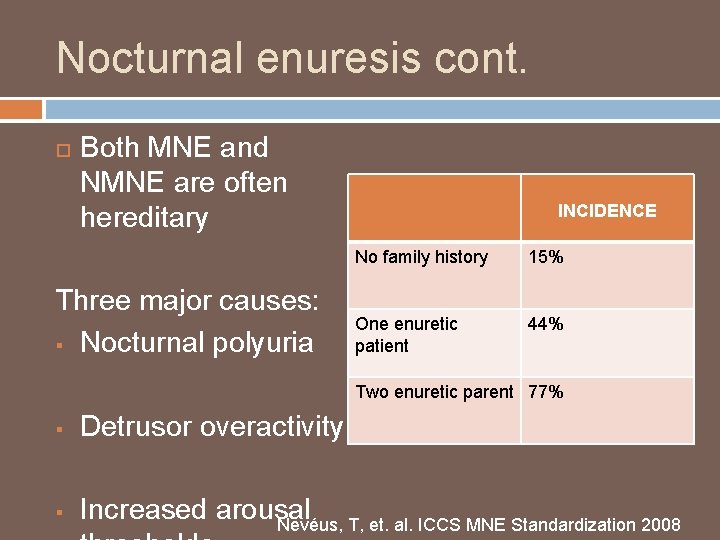 Nocturnal enuresis cont. Both MNE and NMNE are often hereditary Three major causes: §