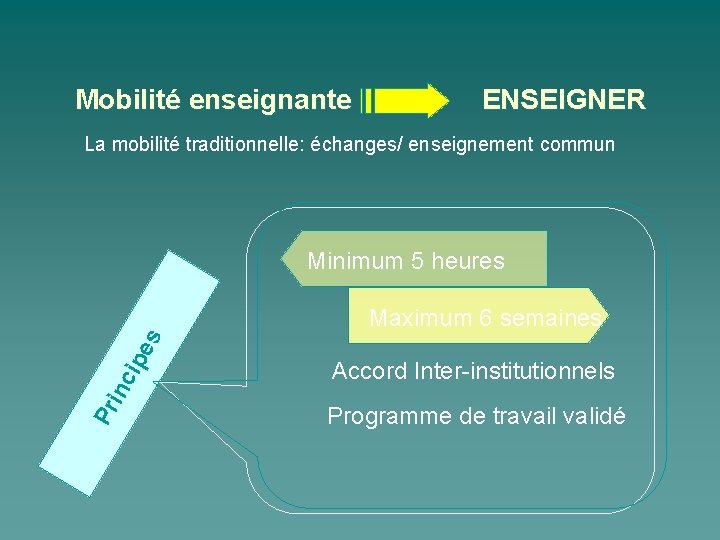 Mobilité enseignante ENSEIGNER La mobilité traditionnelle: échanges/ enseignement commun Minimum 5 heures Pr inc