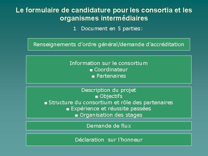 Le formulaire de candidature pour les consortia et les organismes intermédiaires 1 Document en