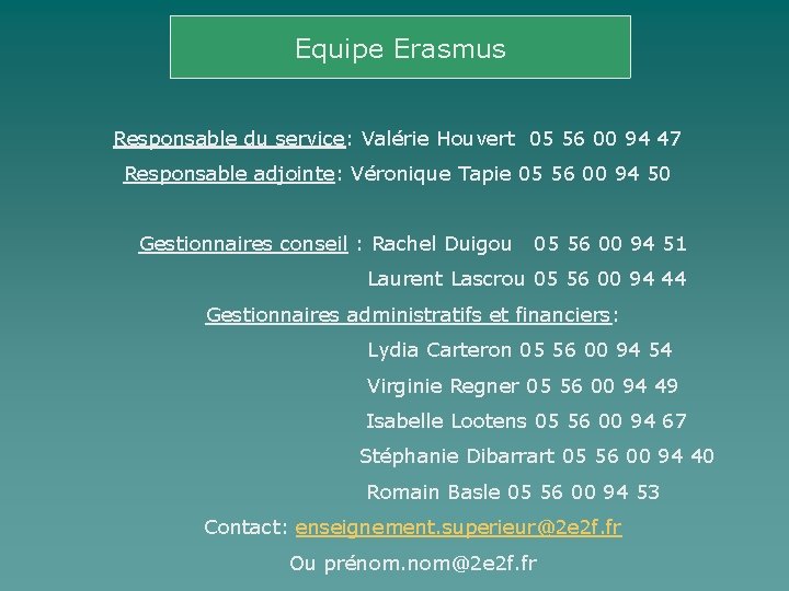 Equipe Erasmus Responsable du service: Valérie Houvert 05 56 00 94 47 Responsable adjointe: