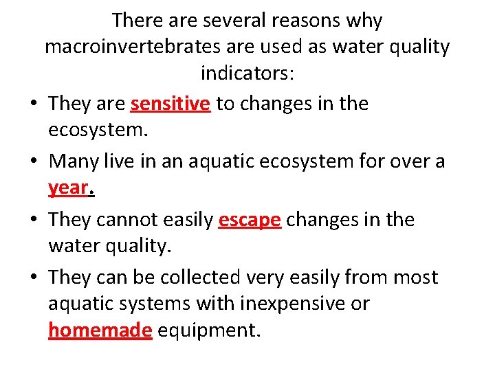  • • There are several reasons why macroinvertebrates are used as water quality