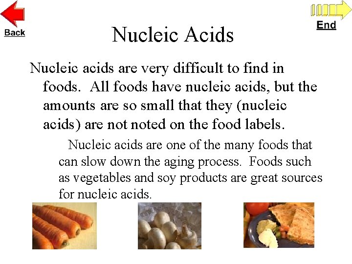 Nucleic Acids Nucleic acids are very difficult to find in foods. All foods have