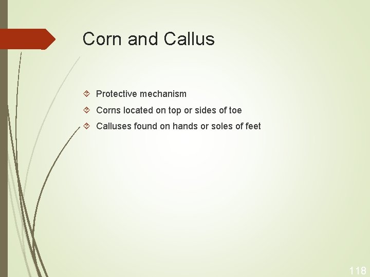 Corn and Callus Protective mechanism Corns located on top or sides of toe Calluses
