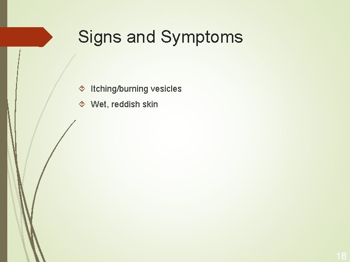 Signs and Symptoms Itching/burning vesicles Wet, reddish skin 18 