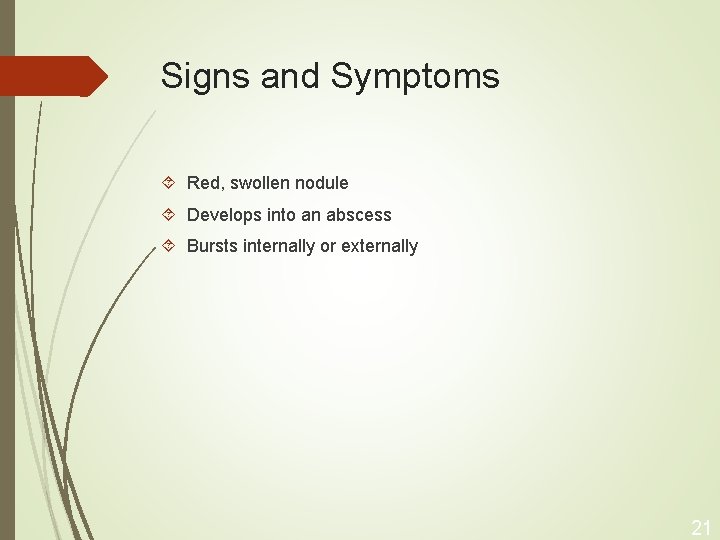 Signs and Symptoms Red, swollen nodule Develops into an abscess Bursts internally or externally