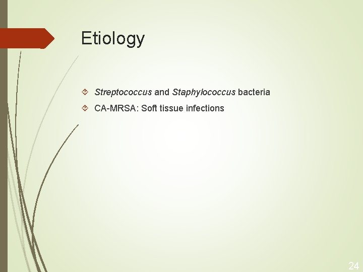 Etiology Streptococcus and Staphylococcus bacteria CA-MRSA: Soft tissue infections 24 