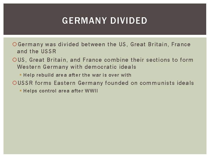 GERMANY DIVIDED Germany was divided between the US, Great Britain, France and the USSR GERMANY DIVIDED Germany was divided between the US, Great Britain, France and the USSR